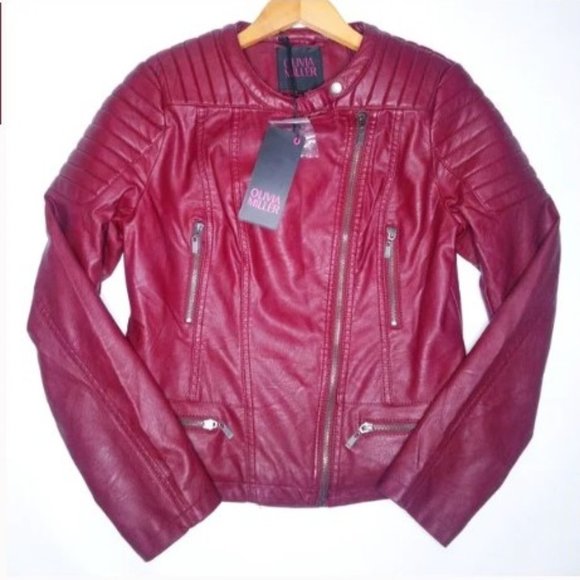 OLIVIA MILLER Burgundy Moto Style Asymmetrical Zipper Faux Leather Jacket New - Picture 4 of 7
